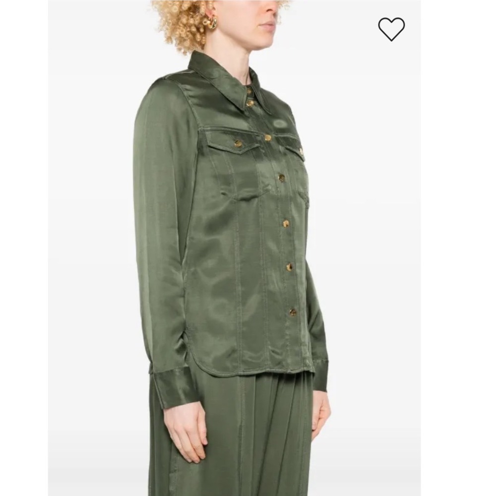 GANNI Satinโ Utility Shirt Olive Green Long Sleeve Button Up Pockets Size S